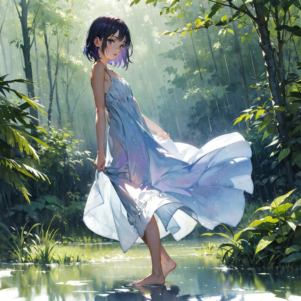 beautiful girl with a very beautiful exquisite face barefoot (in a very short light summer sundress) in the rain in the summer forest, purple thunderstorm, in watercolor style