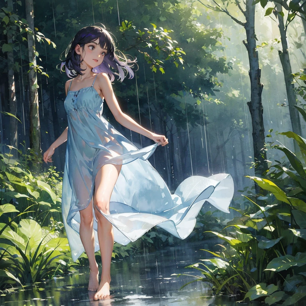 beautiful girl with a very beautiful exquisite face barefoot (in a very short light summer sundress) in the rain in the summer forest, purple thunderstorm, in watercolor style