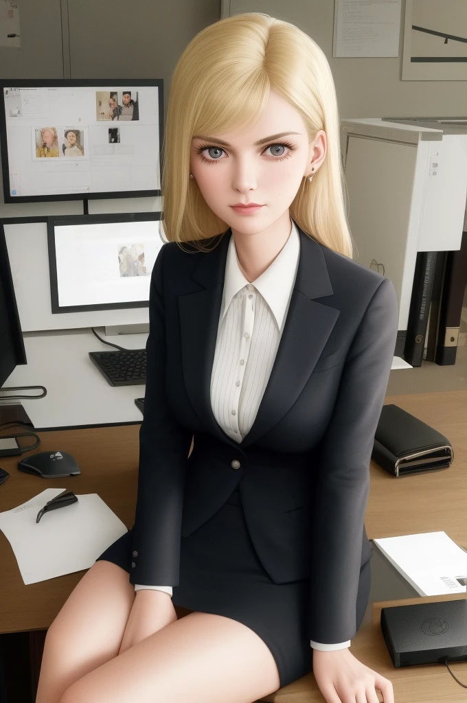 /draw blond woman sitting at desk talking on telephone with computer monitor, 1 9 8 0 s business fashion, business woman, 1 9 8 0 s woman, woman in business suit, young business woman, denis velleneuve, female in office dress, sat at her desk, female lawyer, wearing a strict business suit, serious business, working hard, portrait of kim wexler