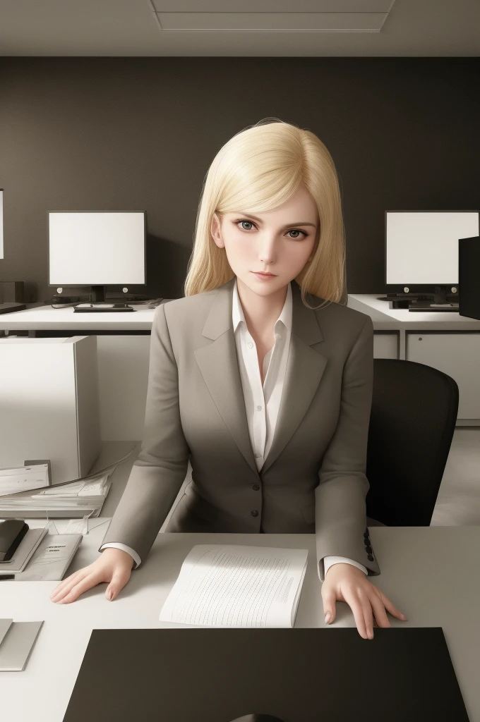 /draw blond woman sitting at desk talking on telephone with computer monitor, 1 9 8 0 s business fashion, business woman, 1 9 8 0 s woman, woman in business suit, young business woman, denis velleneuve, female in office dress, sat at her desk, female lawyer, wearing a strict business suit, serious business, working hard, portrait of kim wexler