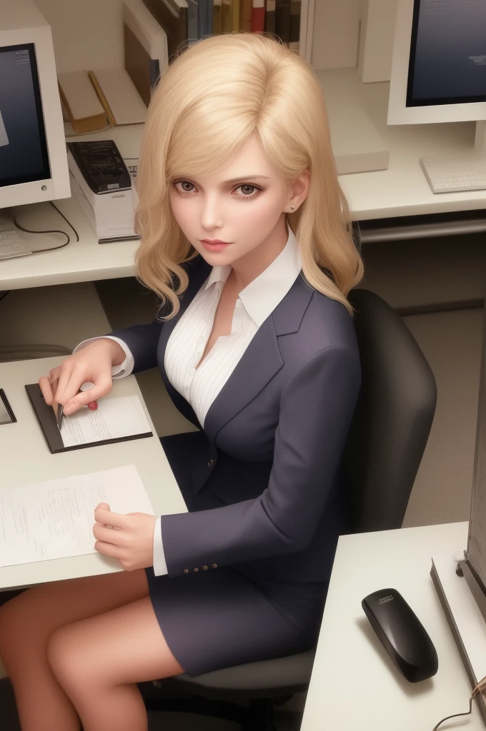 /draw blond woman sitting at desk talking on telephone with computer monitor, 1 9 8 0 s business fashion, business woman, 1 9 8 0 s woman, woman in business suit, young business woman, denis velleneuve, female in office dress, sat at her desk, female lawyer, wearing a strict business suit, serious business, working hard, portrait of kim wexler