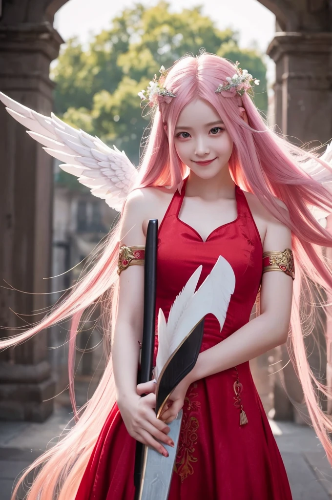 Girl with long pink hair. She has an angel halo on her head. with angel wings on back. She eyes are green. Suspended eyes. She has a smile on her face. She holding weapon a lance. She wears a red China dress.