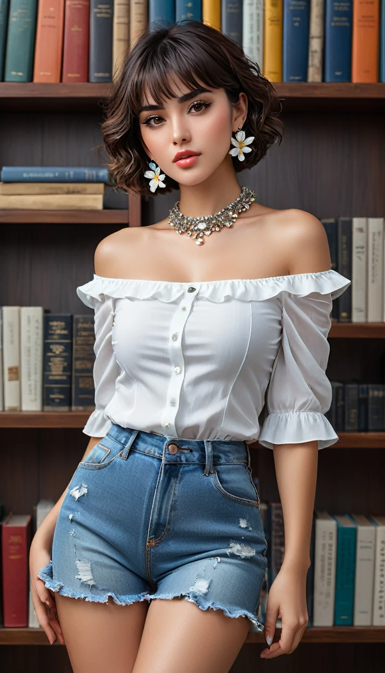 (((beautiful beautiful Isabela Merced, posing for uploadss, looking sexy, ruffled lips, Cabelo curto e curly, extremely pretty eyes))), ((wearing floral silver necklace)), realistic uploadsgraph, highy detailed, Foco do pointed, (Main lighting), (indoor bookstore environment), artwork, extremely pretty, Perfect beauty, (perfect shape body, Broad Hips, small waist, thick-thighs, firm abs, Body cute, knees, knees, focus on the knees, breasts small), cabelo curto com franja, short hair with bangs covering the forehead, cabelo curto com franja ((((short hair with bangs covering the forehead)))), ((30 years old)), (extremely detaild 8k wallpaper), ((face detailed)), (((wearing white shirt, saia curta de tweed, knees, knees, stitched nylons, Strad sandals)), (long dark eyelashes), (((earrings))), ((())), (((seen from behind))), (looking at the camera), ((())), (glamor model), (seductive facial expression) (((standing between high shelves full of books))), extremely detaild, artwork, Intricate details, highy detailed, Foco do pointed, skin detailed, realistic skin texture, texture, detailedeyes, high resolution, kodak vision color, uploads_\(ultra\), Post-processing, maximum detail, roughness, real-life, ultra realistic, uploadsrealism, uploadsgraphy, absurderes, RAW uploads, highest quallity, high detail RAW color uploads, professional uploads, extremely detaild UHD 8k wallpaper unit, best quality, high resolution, (artwork, maximum quality, high resolution:1.4), uploads, cinematic, Film grain, pointed, soft natural light, magic uploadsgraphy, super verbose, ((whole body: legs 1.3))