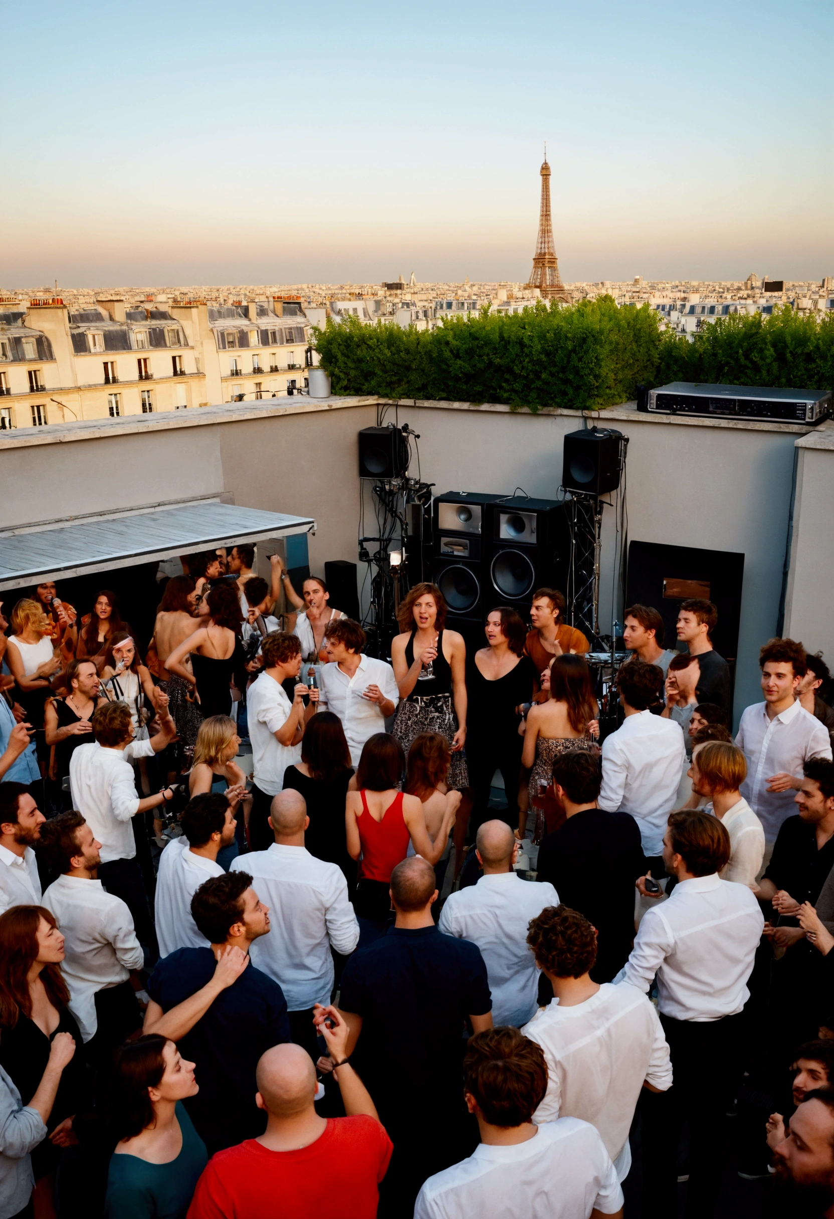 A photo of a party. small informal crowd, boisterous lively crowd. trendy, casual diverse people. 21st century contemporary city. On a rooftop courtyard, in Paris. 17th arrondissement. grand building. makeshift stage. band playing including celebrity DJs, Musicians, rappers, singers, dancers, musicians are surrounded by a happy crowd. people dancing. people dancing on speaker stacks. lights. smoke machine. Television film crew. sundown