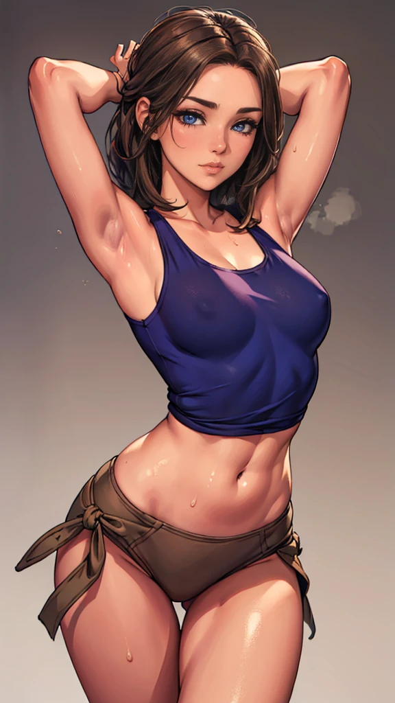 8K high quality, high accuracy, beautiful figure, beautiful face, small face,, beautiful woman, bright, highlights in eyes, small ears, brown hair, illustration, beautiful line drawing. Adult female, depicted head to belly, arms raised, armpits showing, arms behind head, simple background, blue eyes, sweaty, sweaty, tank top outfit,