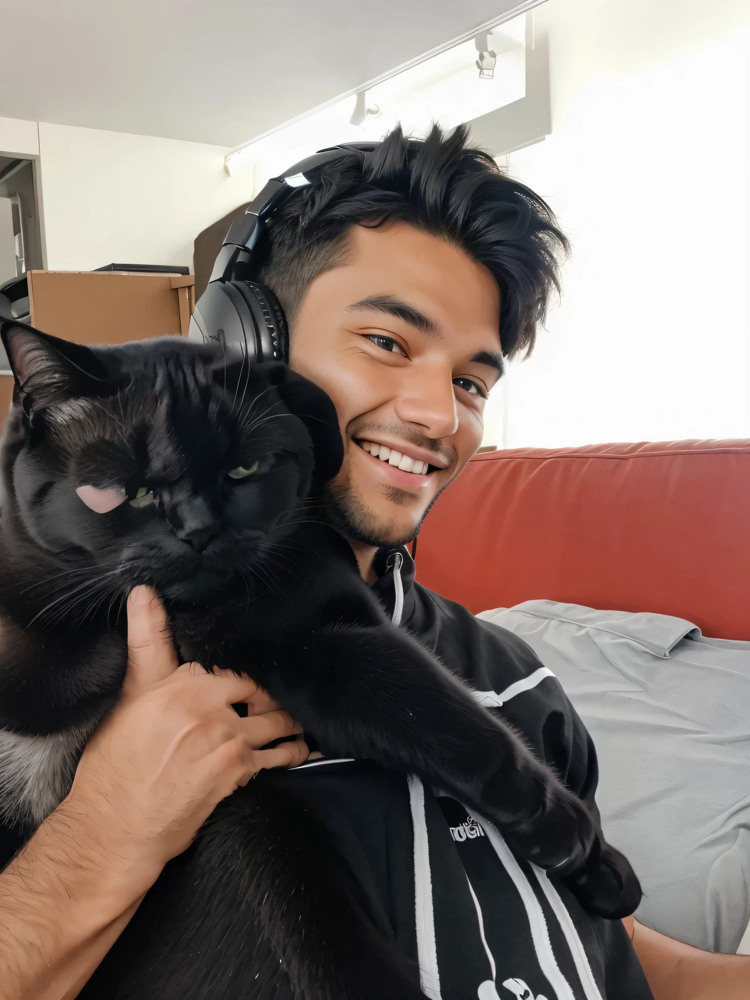 A man is holding a black cat and smiling. The cat is looking straight ahead. The man is wearing headphones.