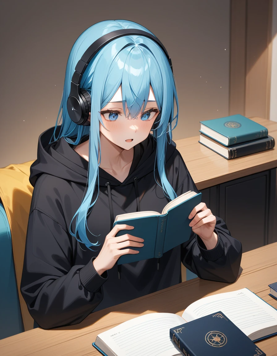 bangs、Long Hair、Blue Hair、male、neutral、Slimming、anxiety、Black clothes、hoodie、Book、headphone