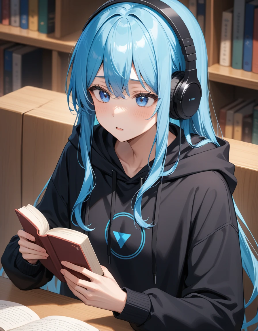 bangs、Long Hair、Blue Hair、male、neutral、Slimming、anxiety、Black clothes、hoodie、Book、headphone
