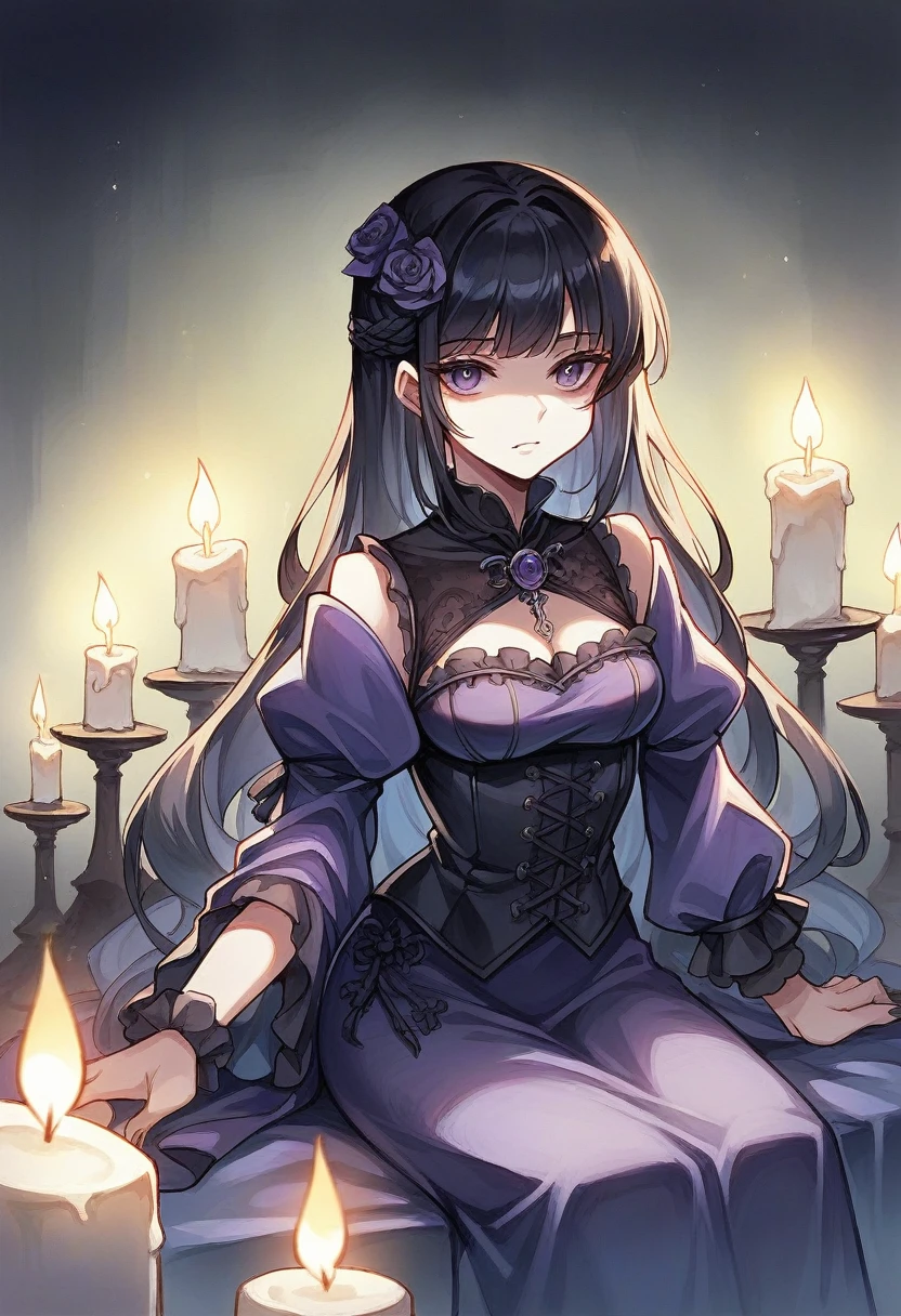 A black style gothic girl with black hair, dressed in dark purple clothing, sitting next to a lit candle, in a whimsical and surreal artistic style with watercolor and painting techniques, with dark fantasy elements, dramatic lighting and ethereal atmosphere,showing a 120ml Shortfill bottle.