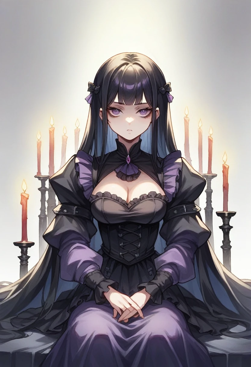 A black style gothic girl with black hair, dressed in dark purple clothing, sitting next to a lit candle, in a whimsical and surreal artistic style with watercolor and painting techniques, with dark fantasy elements, dramatic lighting and ethereal atmosphere,showing a 120ml Shortfill bottle.