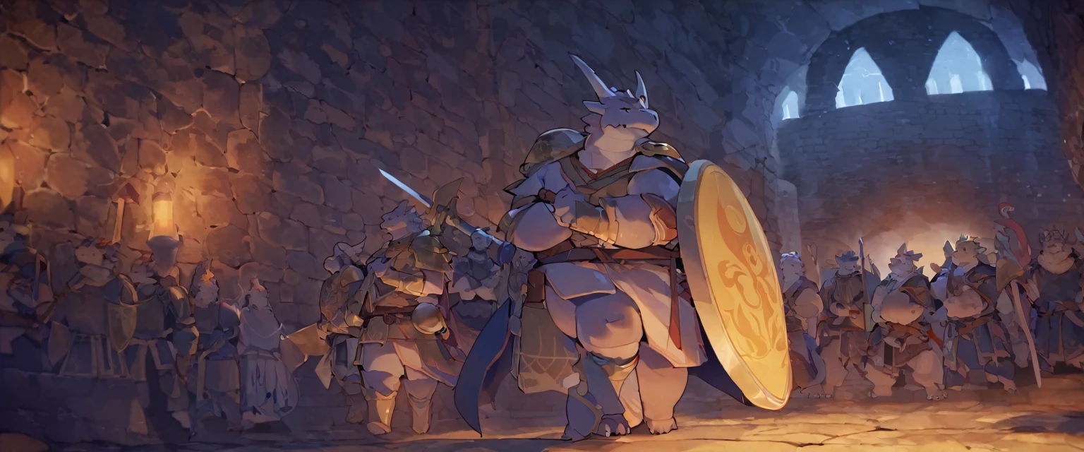 Dragon, male, furry anime,fat, chubby,perfect body,paladin,wearing Medieval adventure equipment ,A heavy greatsword on the back, Holding a large shield , medieval times, dungeon,anthro,doujin,yaoi,fantasy,isekai, adventure,boukensha, masterpiece, Sinematic lighting,accurate,by quanjiang 