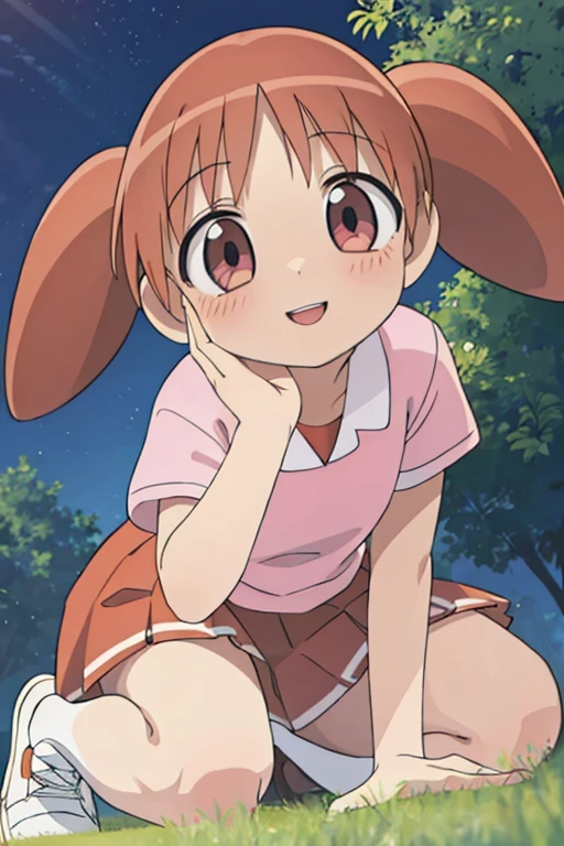 masterpiece, best quality, highres, 1girl, beautiful detailed eyes, beautiful detailed lips, extremely detailed eyes and face, long eyelashes, chiyo, high twin tail, manga, comic, cute pose, dynamic angle, light pink shirt, red skirt, pink shoes, smiling, park, outdoors, vibrant colors, warm lighting, detailed background, intricate details, photorealistic, studio lighting