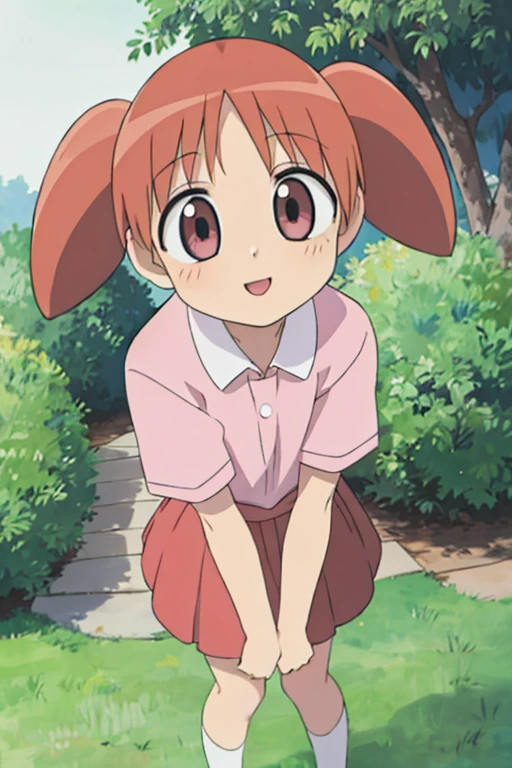 masterpiece, best quality, highres, 1girl, beautiful detailed eyes, beautiful detailed lips, extremely detailed eyes and face, long eyelashes, chiyo, high twin tail, manga, comic, cute pose, dynamic angle, light pink shirt, red skirt, pink shoes, smiling, park, outdoors, vibrant colors, warm lighting, detailed background, intricate details, photorealistic, studio lighting