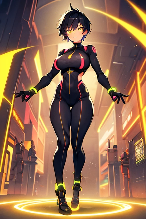 1girl, tan, tan skin, tan-skinned female, yellow eyes, black hair, very short hair, spiked hair, pixie cut, large breasts, hourglass figure, bodysuit, black bodysuit, neon, neon trim, machinery, tech, science-fiction, futuristic, smile, standing, full body, ((full body)), arms down, hands down,