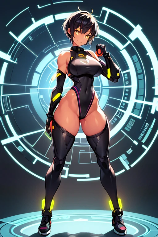 1girl, tan, tan skin, tan-skinned female, yellow eyes, black hair, very short hair, spiked hair, pixie cut, large breasts, hourglass figure, bodysuit, black bodysuit, neon, neon trim, machinery, tech, science-fiction, futuristic, smile, standing, full body, ((full body)), arms down, hands down,