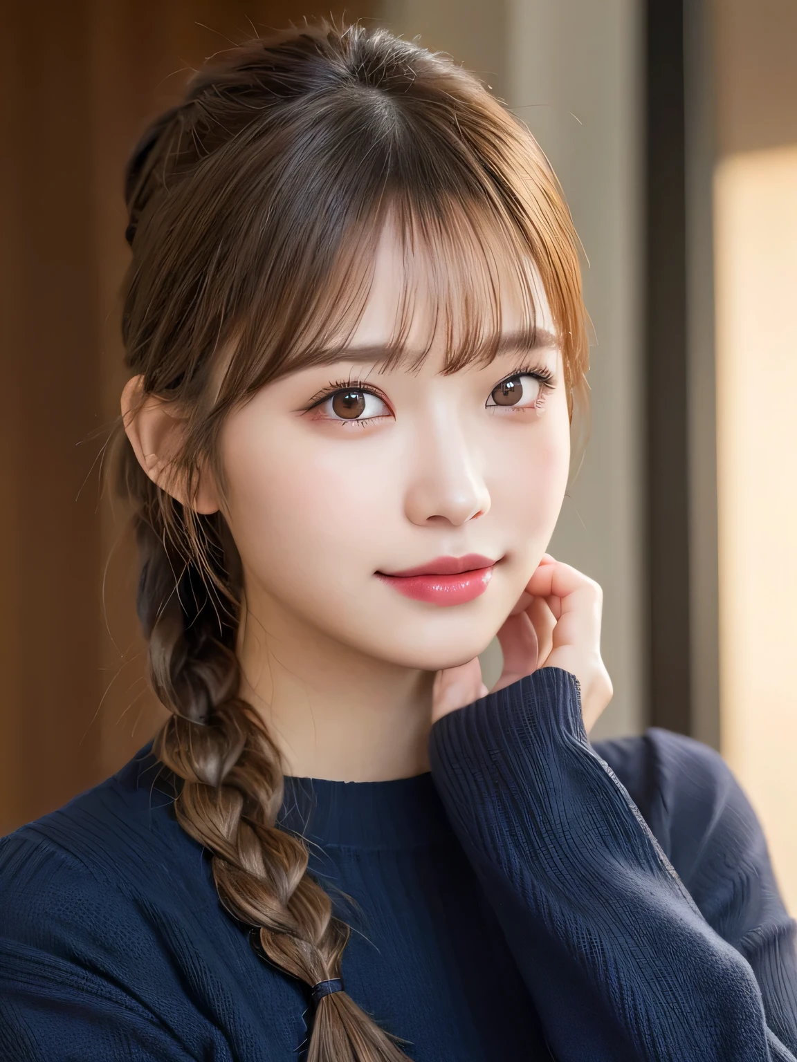 (masterpiece:1.3), (8K, Photorealistic, Raw photo, Best image quality: 1.4), 20-year-old girl、(Random Hairstyles:1.2)、Super detailed face、Attention to detail、double eyelid、Sharp focus:1.2、Beautiful woman:1.4、Light brown hair、ponytail、Natural color lip、Highest quality、masterpiece、Ultra-high resolution、(Photorealistic:1.4)、Highly detailed and professional lighting、Wear a dark blue sweater、thin、Serious expression、Clear Skin、Random pose、Shiny Hair、Sculpture model pose、ponytail、One-sided braid、smile