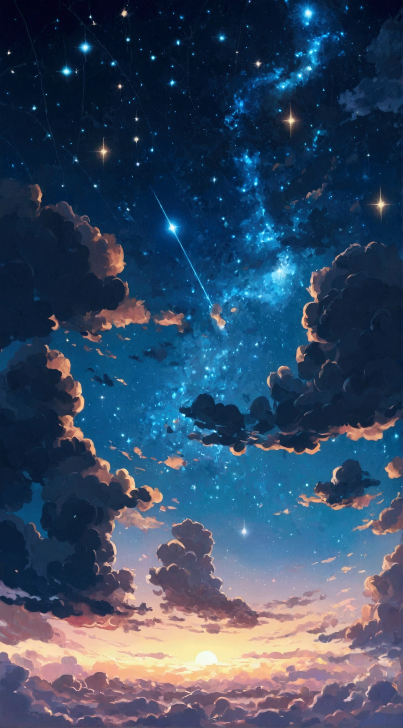 Starry sky with several night clouds, and with several constellations close to it.