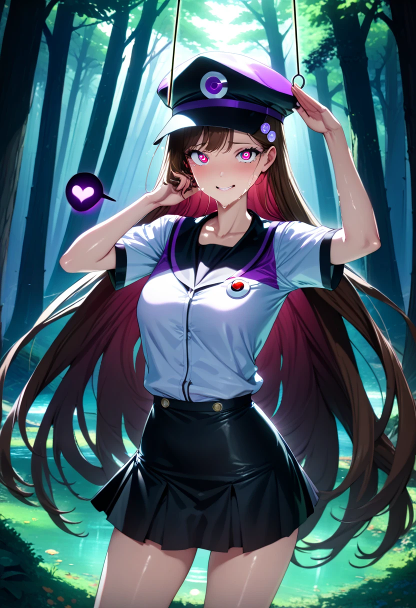 (masterpiece),(Highest quality),(Super detailed),(Best illustrations),(Best Shadow),(Absurd),(Detailed Background),(so beautiful),(in forest),(White Pokémon trainer outfit with skirt and cap), 16K, 8K,(Best illustrations),(so beautiful),(swinging pendulum, coin on string), (pendulum radiates purple energy waves) (full attention on pendulum) (salute stance), One person, alone, very long hair, brunette, Perfect figure, spiral-shaped pupils, orgasm, afterglow, erotic smile, pokeball badge hair fastening, Sexy posture, pose towards camera, water eyes, saliva trail, , shiny skin, Taking illegal drugs, Clear liquid, morning, , Hypnosis assignment, mysterious, , spoken hearts, torogao