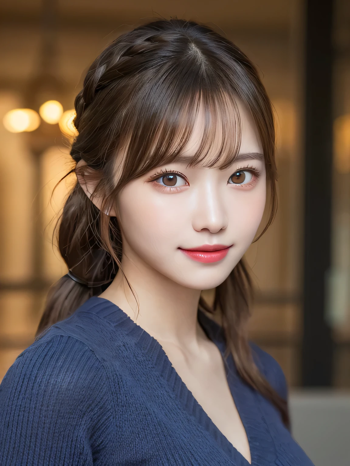 (masterpiece:1.3), (8K, Photorealistic, Raw photo, Best image quality: 1.4), 20-year-old girl、(Random Hairstyles:1.2)、Super detailed face、Attention to detail、double eyelid、Sharp focus:1.2、Beautiful woman:1.4、Light brown hair、ponytail、Natural color lip、Highest quality、masterpiece、Ultra-high resolution、(Photorealistic:1.4)、Highly detailed and professional lighting、Wear a dark blue sweater、thin、Serious expression、Clear Skin、Random pose、Shiny Hair、Sculpture model pose、ponytail、One-sided braid、smile