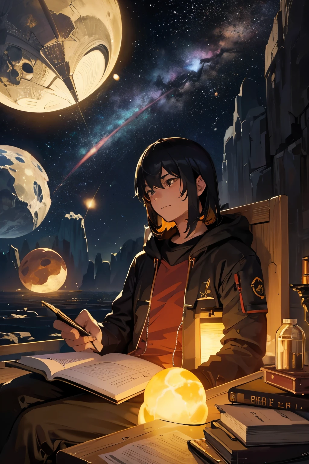Drawing a young programmer, Sitting on a floating research platform in the middle of an asteroid belt. He is studying using a notebook, It is surrounded by several asteroids that emit a fiery aura.. Dramatic light from distant stars and planets illuminates the scene, Cast a deep shadow on the suit. Young people seem confident and determined, Gaze with wonder and reverence at the vast and mysterious universe,Facial hair, Cowboy Shot,