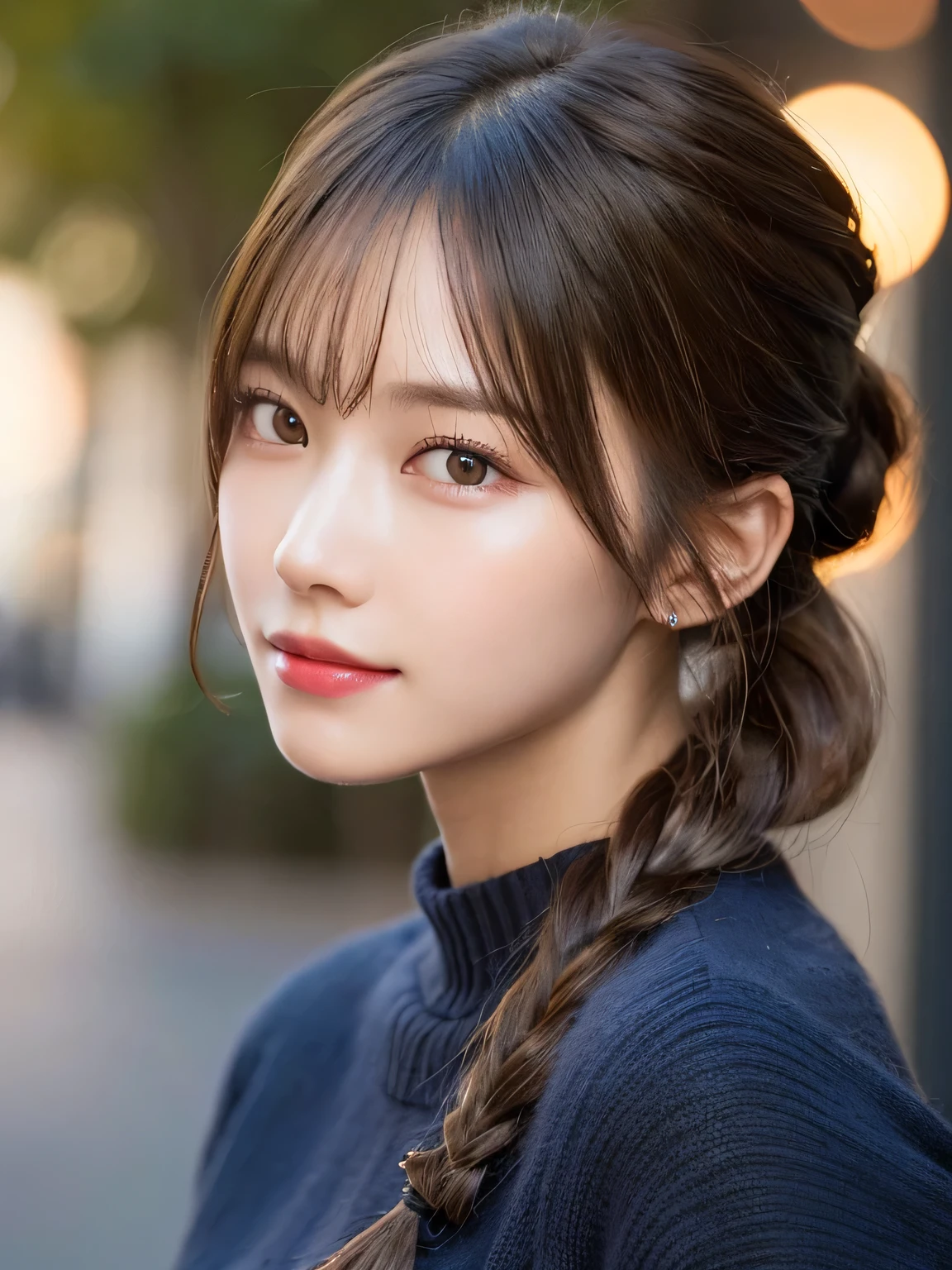 (masterpiece:1.3), (8K, Photorealistic, Raw photo, Best image quality: 1.4), 20-year-old girl、(Random Hairstyles:1.2)、Super detailed face、Attention to detail、double eyelid、Sharp focus:1.2、Beautiful woman:1.4、Light brown hair、ponytail、Natural color lip、Highest quality、masterpiece、Ultra-high resolution、(Photorealistic:1.4)、Highly detailed and professional lighting、Wear a dark blue sweater、thin、Serious expression、Clear Skin、Random pose、Shiny Hair、Sculpture model pose、ponytail、One-sided braid、smile