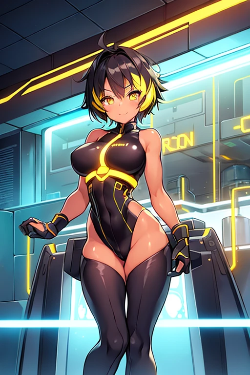 1girl, tan, tan skin, tan-skinned female, yellow eyes, black hair, very short hair, spiked hair, pixie cut, large breasts, hourglass figure, bodysuit, black bodysuit, neon, neon trim, machinery, tech, science-fiction, futuristic, smile, standing, full body, ((full body)), arms down, hands down, pantyhose
