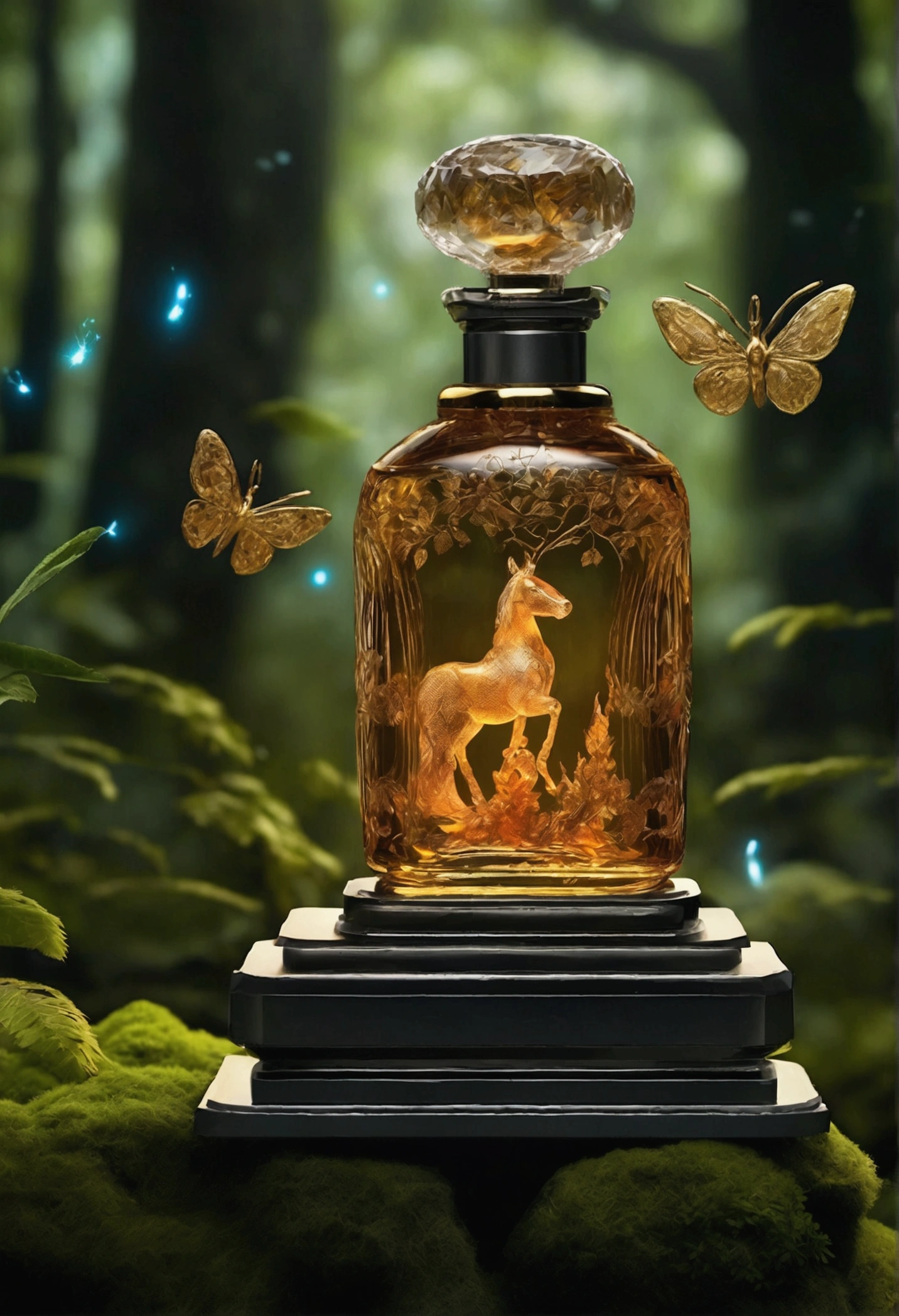 a perfume bottle emitting a magical light, an ancient stone altar, In a dense mystical forest with tall trees and shining foliage, surrounded by dancing fireflies, decorated with a perfume bottle, . Their radiance attracts mythical creatures such as unicorns and fairies, styled by Salvador Dali and René Magritte. intricate, sharp focus, natural lighting, RTX, professionally color graded, professional photography, masterpiece, ultra-detailed, high quality, best quality, 4k, 8k, RAW, fashion, high fashion, haute couture