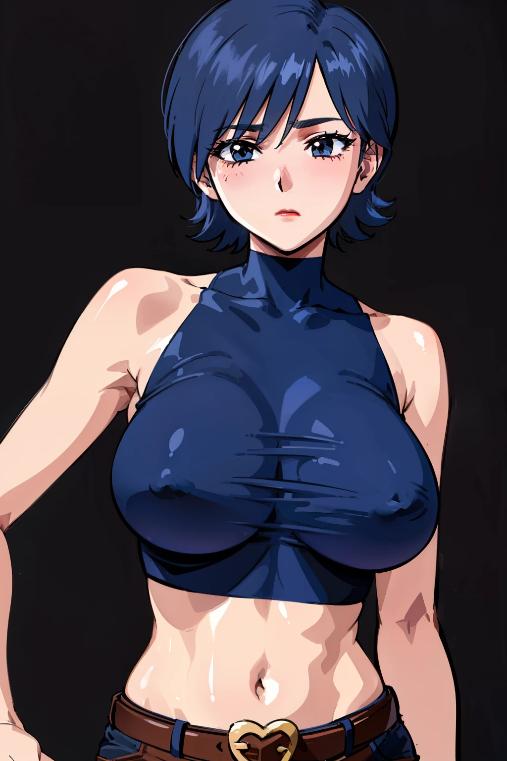 (beautiful detailed eyes, beautiful detailed hair, perfect detailed body), mikictr, 1girl, solo, black eyes, short hair, closed mouth, lipstick, blush, sagging large breasts, crop top, no bra, midriff, navel, upper body:1.5, standing, belt, blue short shorts, simple background