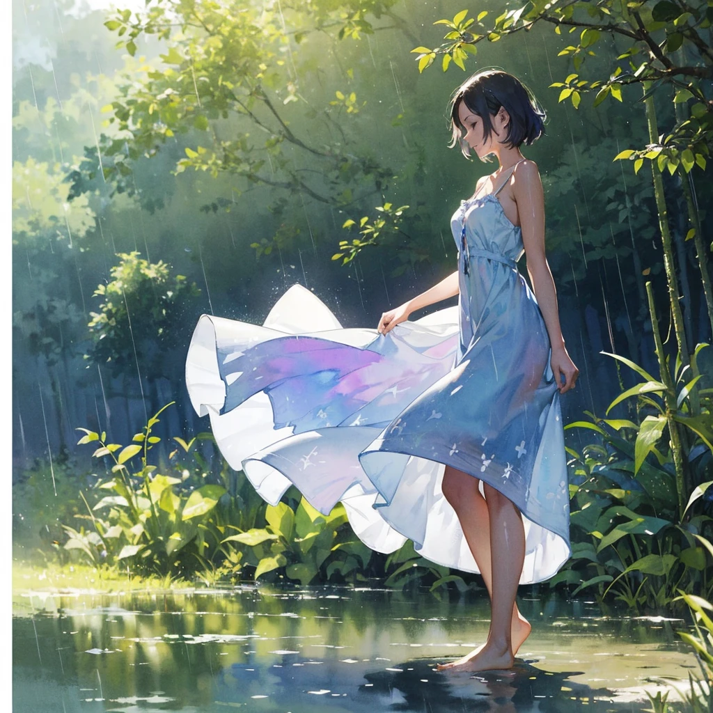 Beautiful girl (with a very beautiful, exquisite southern type face) barefoot (in a very short light summer sundress) with tender in the rain in the summer forest, purple thunderstorm, in watercolor style
