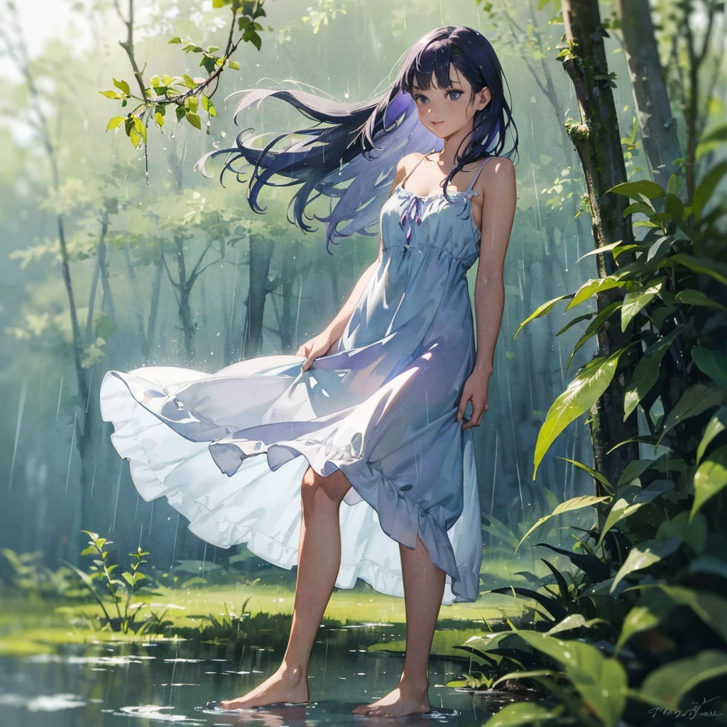 Beautiful girl (with a very beautiful, exquisite southern type face) barefoot (in a very short light summer sundress) with tender breasts in the rain in the summer forest, purple thunderstorm, in watercolor style