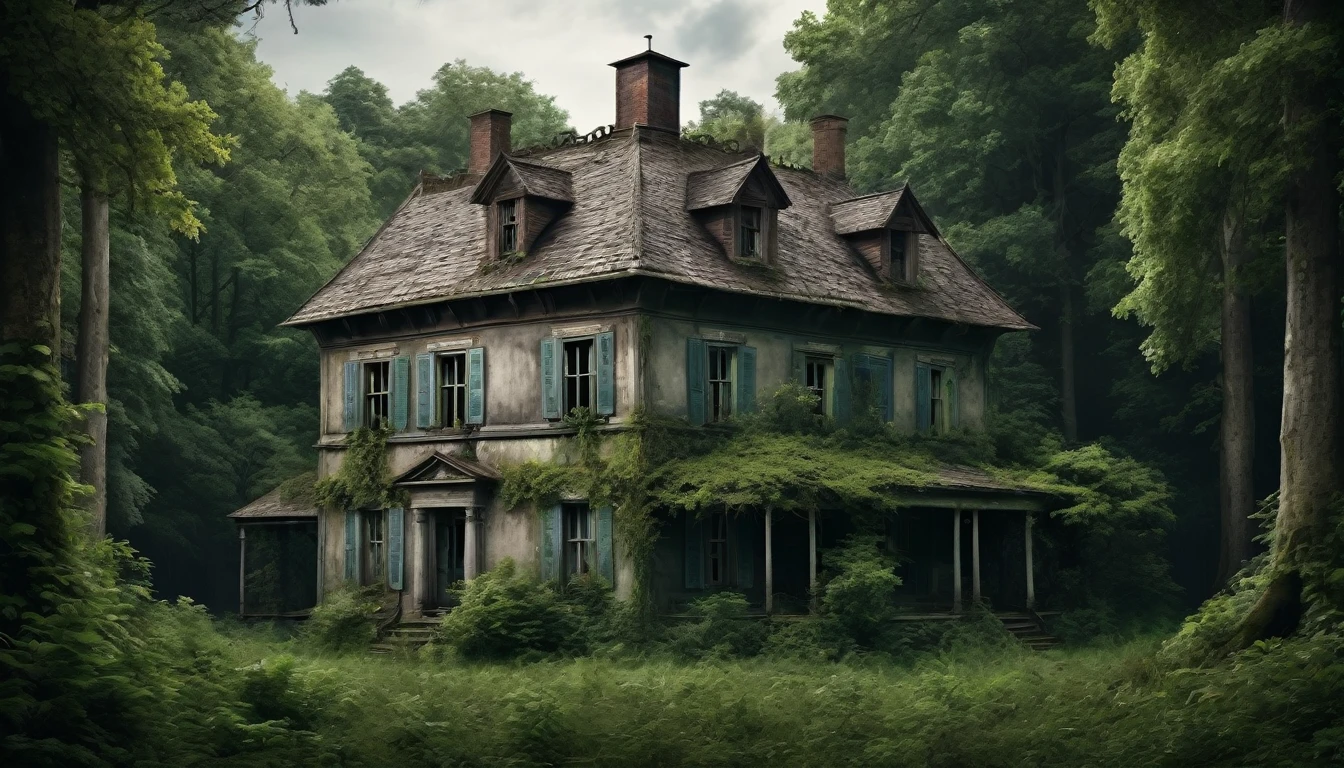 A scary horror image,of an old country house The house, isolated in the middle of a dense forest, PICTURE REALISTIC, high resolution, 8K 