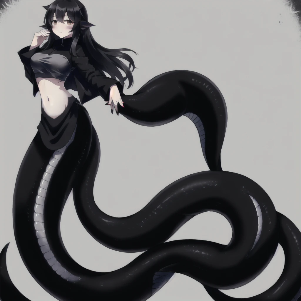 (mermaid:1.0), 1 long black shark tail, full body, midriff black crop top, beautiful perfect symmetrical face, beautiful cute dark teenager girl, full body ,under the sea, long black pony tail, fins, stretching, side view, long nails, black jacket