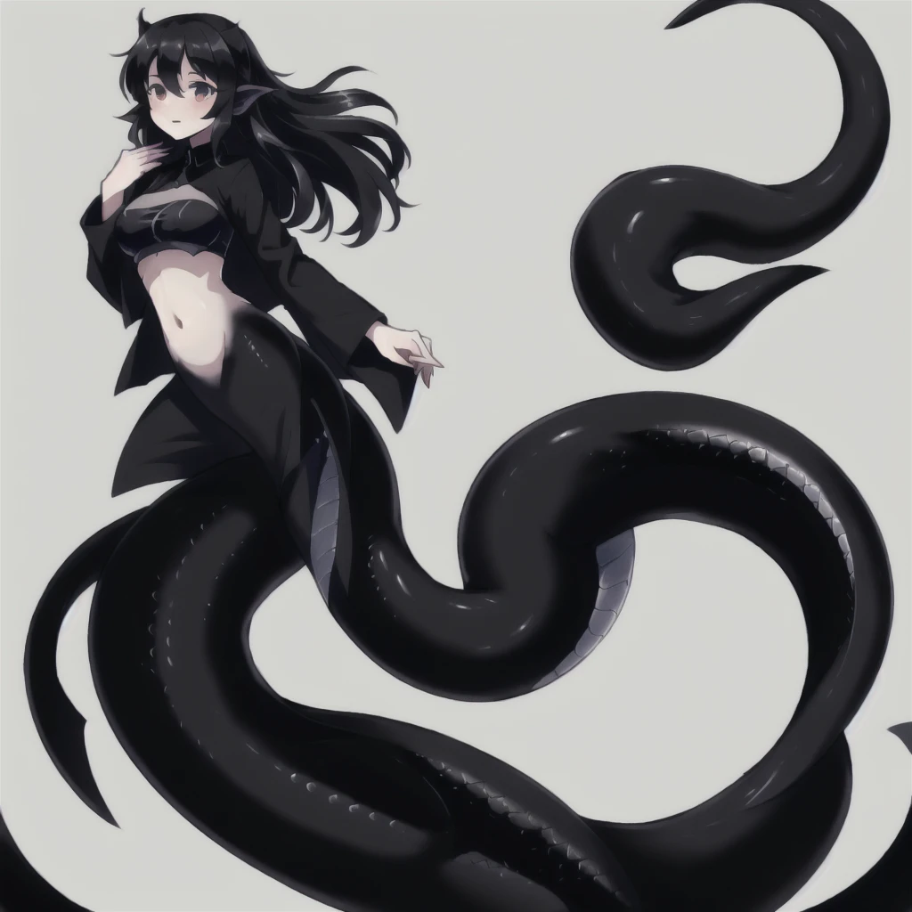 (mermaid:1.0), 1 long black shark tail, full body, midriff black crop top, beautiful perfect symmetrical face, beautiful cute dark teenager girl, full body ,under the sea, long black pony tail, fins, stretching, side view, long nails, black jacket