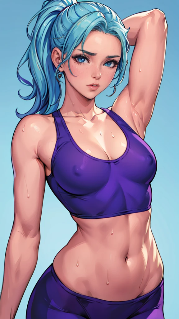 8K high quality, high accuracy, beautiful figure, beautiful face, small face,, beautiful woman, bright, highlights in eyes, small ears, blue hair, illustration, beautiful line drawing. Adult female, depicted head to belly, arms raised, armpits showing, arms behind head, simple background, blue eyes, sweaty, sweaty, tank top outfit,