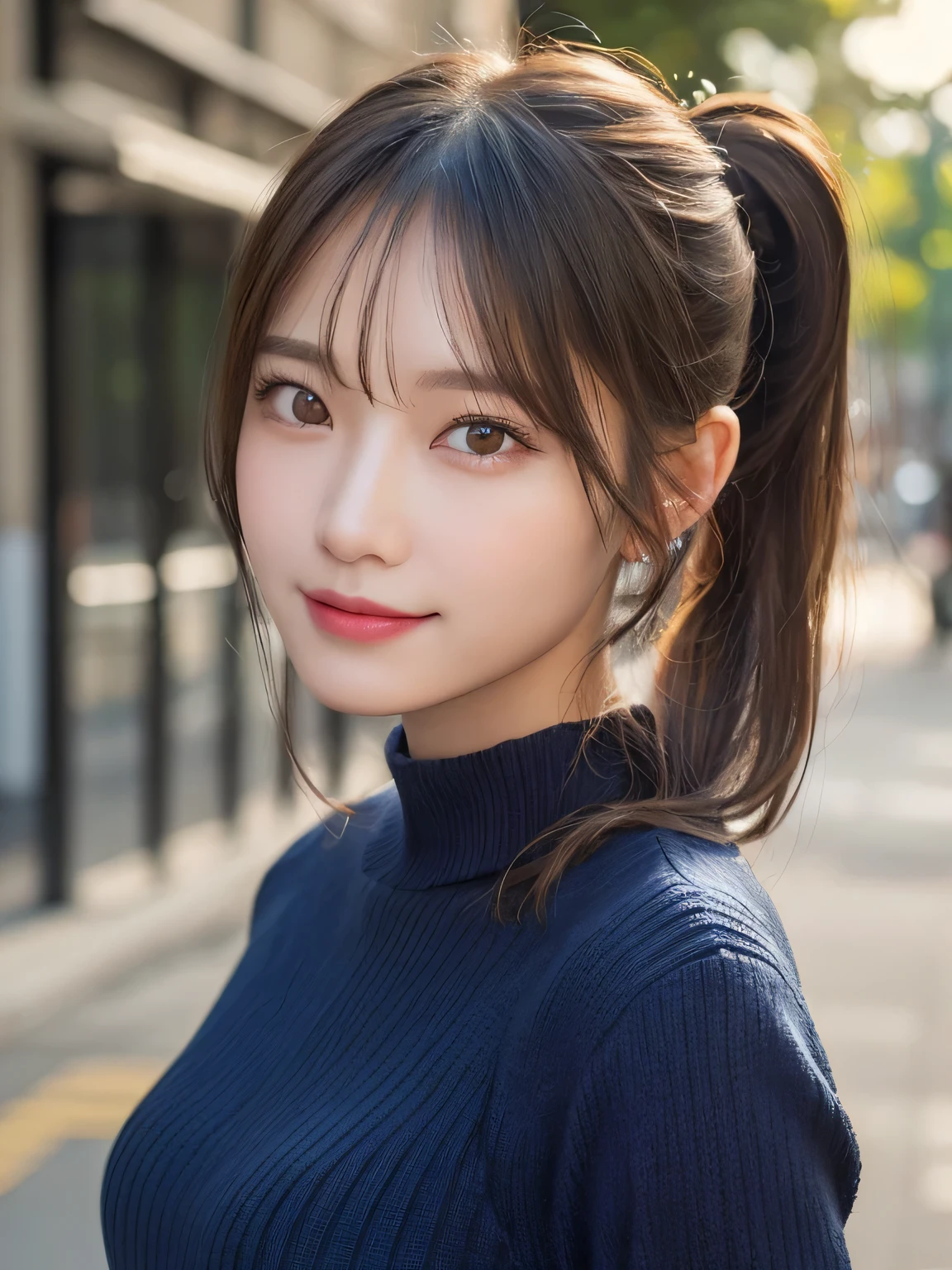 (masterpiece:1.3), (8K, Photorealistic, Raw photo, Best image quality: 1.4), 20-year-old girl、(Random Hairstyles:1.2)、Super detailed face、Attention to detail、double eyelid、Sharp focus:1.2、Beautiful woman:1.4、Light brown hair、ponytail、Natural color lip、Highest quality、masterpiece、Ultra-high resolution、(Photorealistic:1.4)、Highly detailed and professional lighting、Wear a dark blue sweater、thin、Serious expression、Clear Skin、Random pose、Shiny Hair、Sculpture model pose、ponytail、One-sided braid、smile