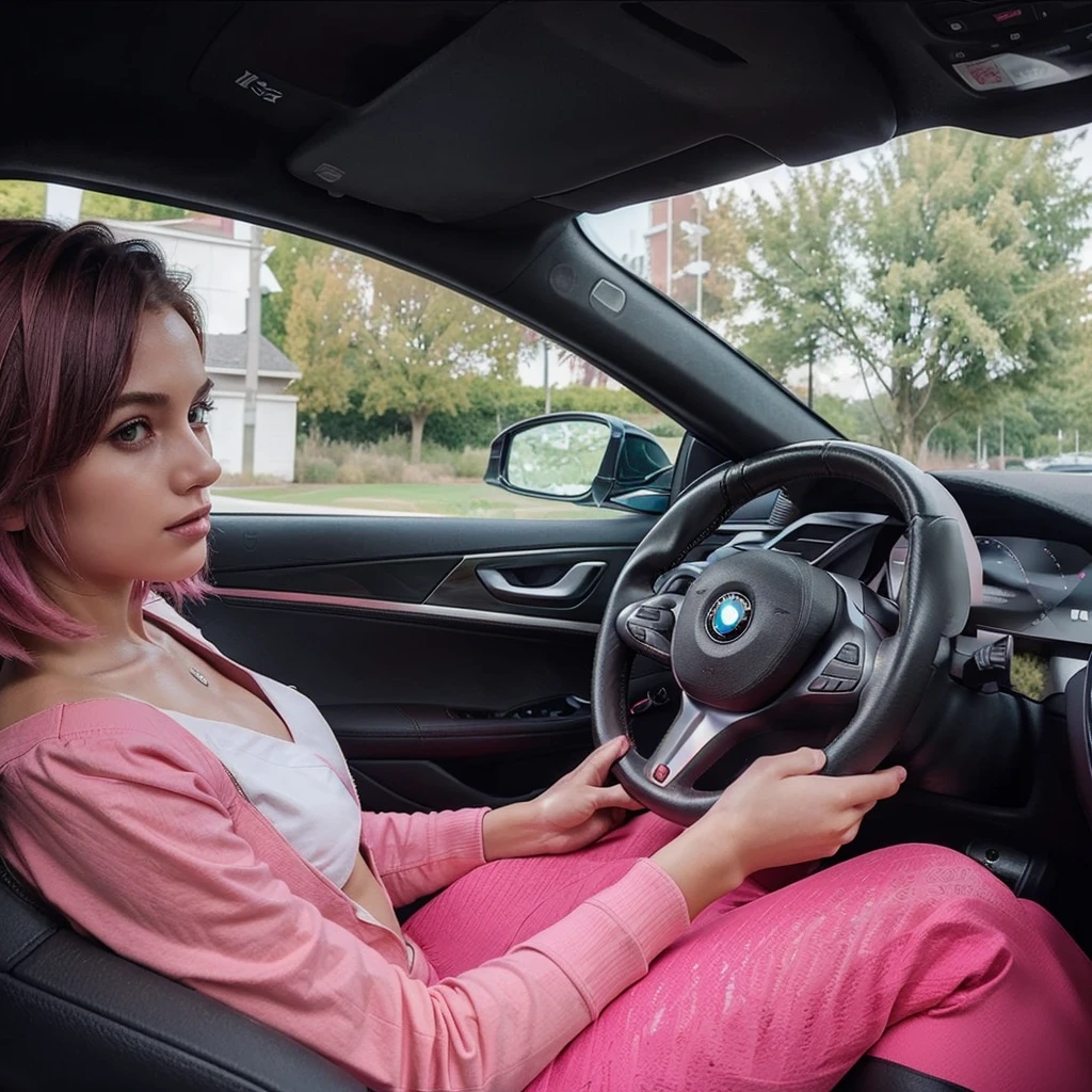 girl 21 years old, short shoulder-length hair, hair color pink, black jacket, pink top, drive a bmw, black leggins