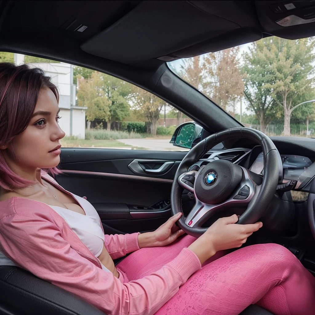 girl 21 years old, short shoulder-length hair, hair color pink, black jacket, pink top, drive a bmw, black leggins