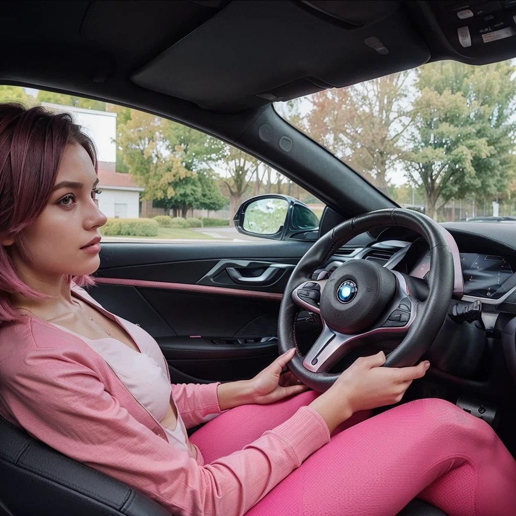 girl 21 years old, short shoulder-length hair, hair color pink, black jacket, pink top, drive a bmw, black leggins