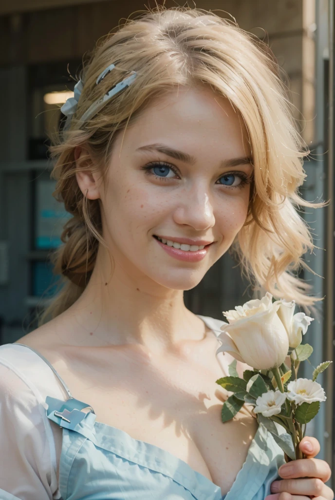 (best quality,4k,8k,highres,masterpiece:1.2), ultra-detailed, (realistic,photorealistic,photo-realistic:1.37), (beautiful detailed blue eyes, beautiful detailed lips, extremely detailed eyes, light freckles around her nose and face), (extremely detailed long white hair), studio lighting, physically-based rendering,vivid colors, (big tits, super big , super extra big tits:0.8), (combat medic:1.5), (soft lighting:0.8), (portrait, smile:1.5),