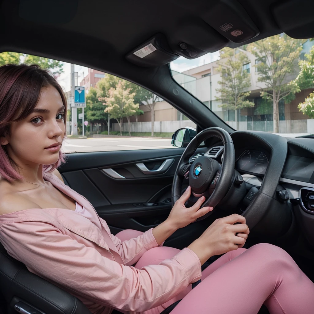 girl 21 years old, short shoulder-length hair, hair color pink, black jacket, pink top, drive a bmw, black leggins