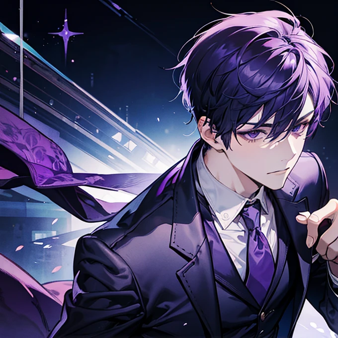 a sexy man with purple short hair, purple eyes, and a cool expression, wearing suit, face closeup