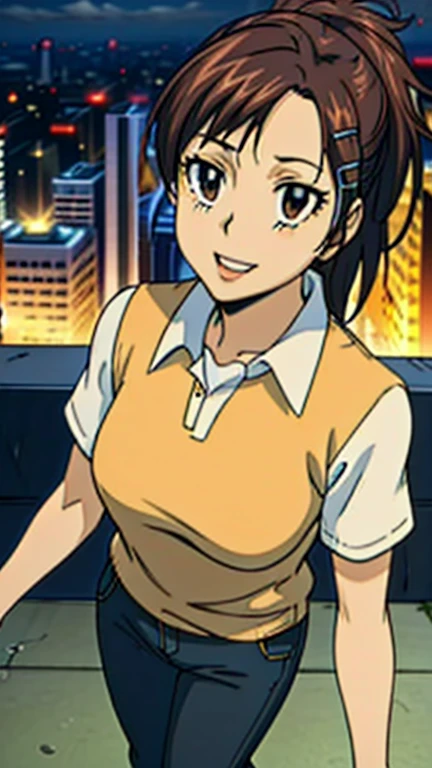 A girl with beautiful detailed eyes, beautiful detailed lips, extremely detailed eyes and face, long eyelashes, wearing an orange polo shirt, yellow pants, brown shoes, smiling, with bangs and brown hair, holding a hair clip, in a city background, (masterpiece, best quality:1.2), (City:1.3), photorealistic, 8k, HDR, studio lighting, ultra-fine painting, sharp focus, physically-based rendering, extreme detail description, professional, vivid colors, bokeh