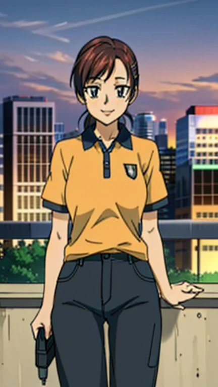 A girl with beautiful detailed eyes, beautiful detailed lips, extremely detailed eyes and face, long eyelashes, wearing an orange polo shirt, yellow pants, brown shoes, smiling, with bangs and brown hair, holding a hair clip, in a city background, (masterpiece, best quality:1.2), (City:1.3), photorealistic, 8k, HDR, studio lighting, ultra-fine painting, sharp focus, physically-based rendering, extreme detail description, professional, vivid colors, bokeh