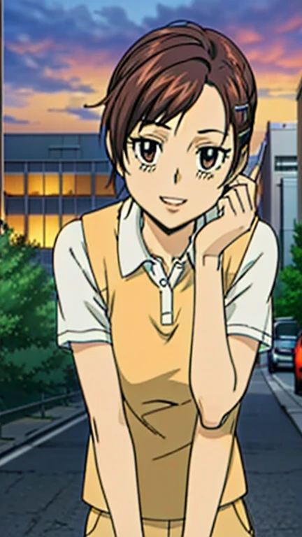 A girl with beautiful detailed eyes, beautiful detailed lips, extremely detailed eyes and face, long eyelashes, wearing an orange polo shirt, yellow pants, brown shoes, smiling, with bangs and brown hair, holding a hair clip, in a city background, (masterpiece, best quality:1.2), (City:1.3), photorealistic, 8k, HDR, studio lighting, ultra-fine painting, sharp focus, physically-based rendering, extreme detail description, professional, vivid colors, bokeh