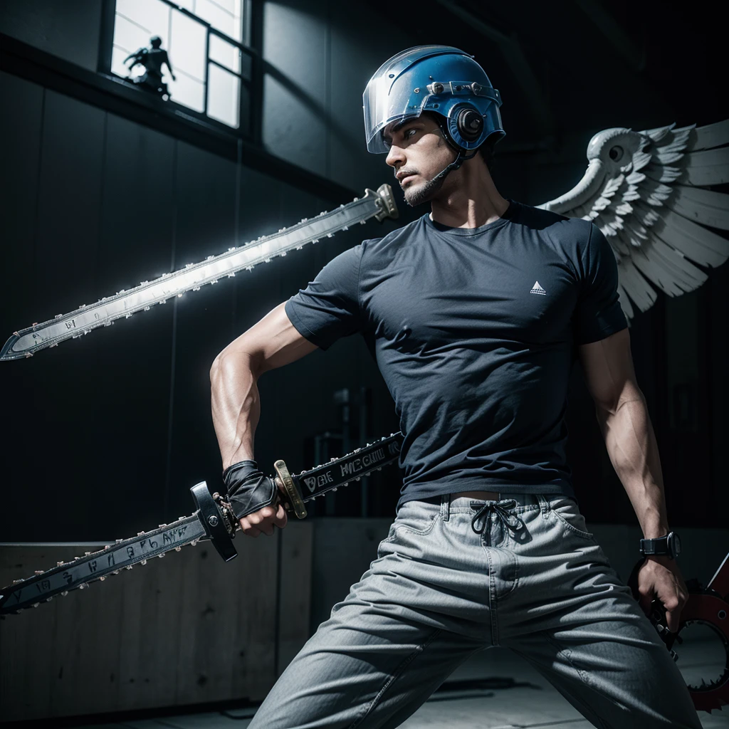 A human being with black arms and legs, a blue t-shirt and gray pants. Uses a sword to fight and has wings, a chainsaw helmet