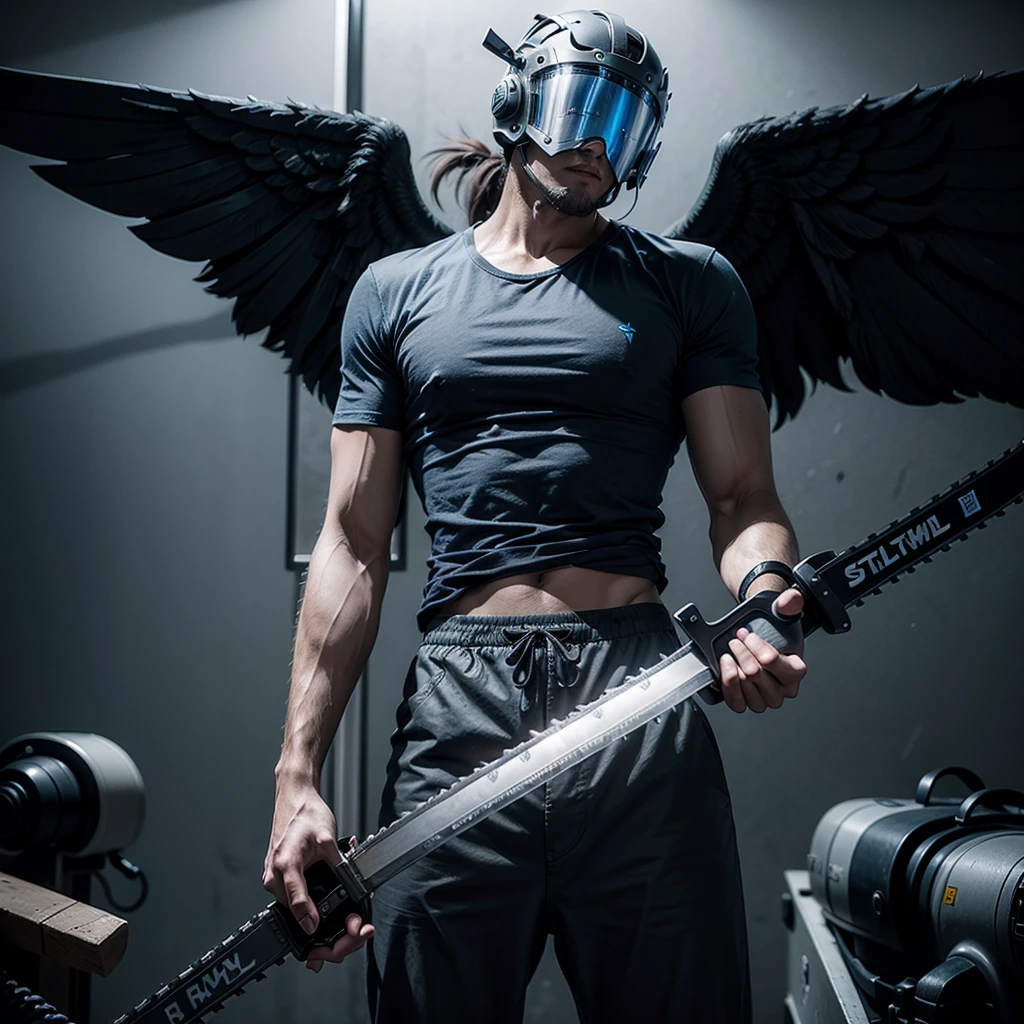 A human being with black arms and legs, a blue t-shirt and gray pants. Uses a sword to fight and has wings, a chainsaw helmet