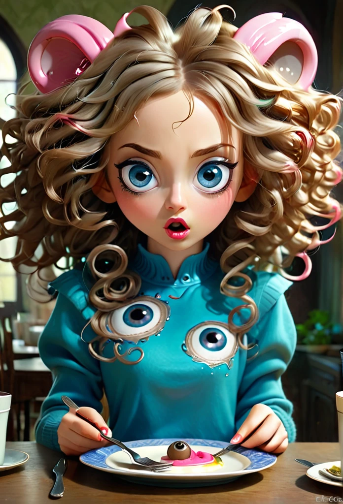 A girl ((big wide gree eyes)) pink lips wearing blue pull overs. Long ears. White and brown mix hair in curls. Holding a fork and a knife in her hands. At a table((One huge eyeball is on a plate in front of her))