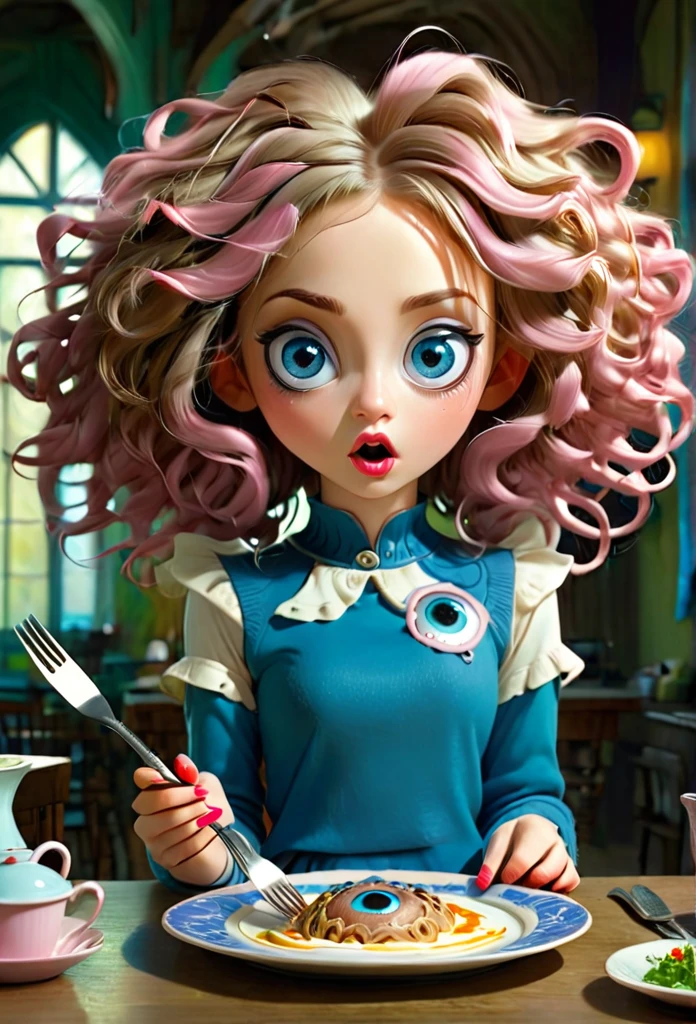 A girl ((big wide gree eyes)) pink lips wearing blue pull overs. Long ears. White and brown mix hair in curls. Holding a fork and a knife in her hands. At a table((One huge eyeball is on a plate in front of her))