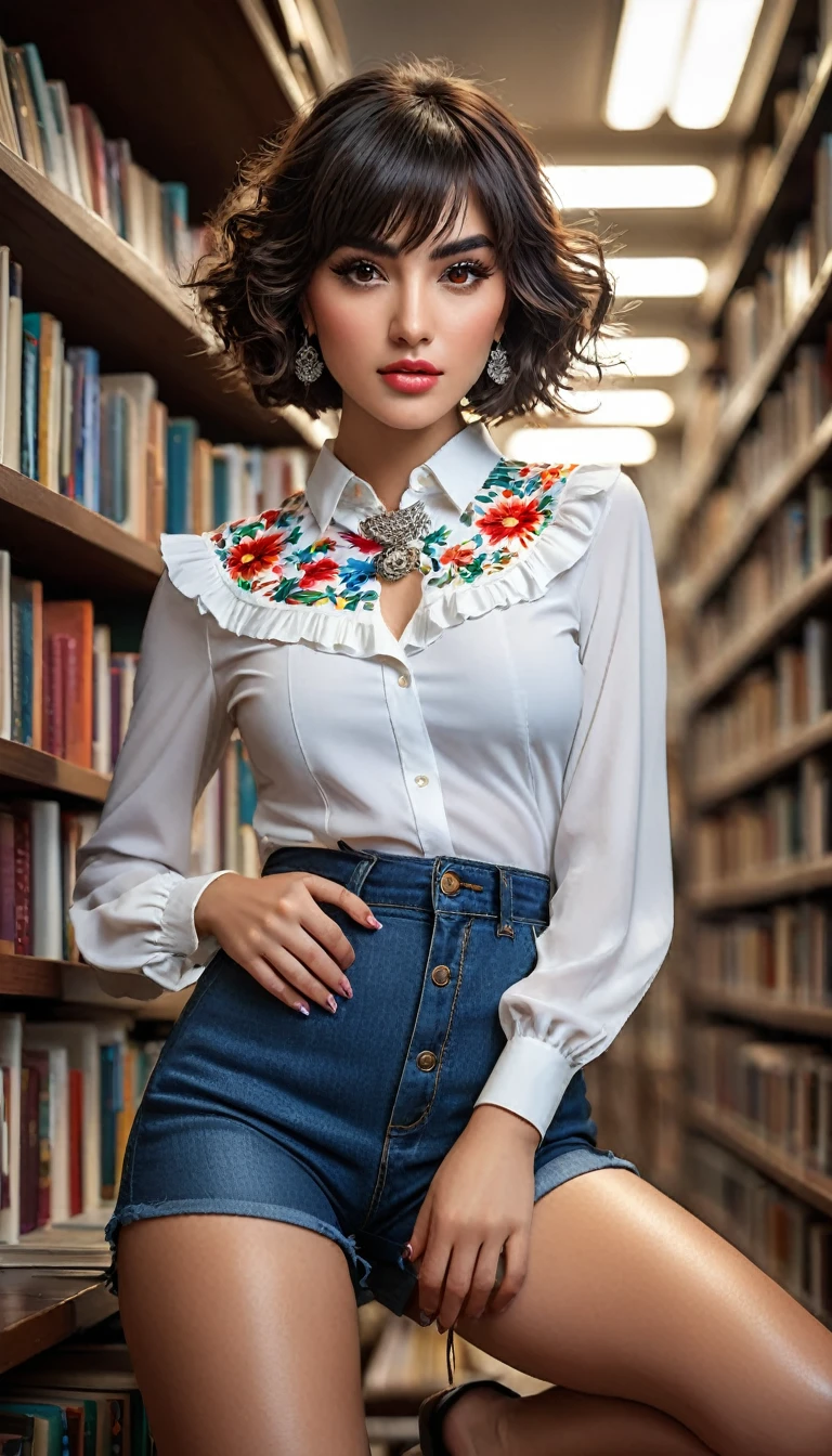 (((beautiful beautiful Isabela Merced, posing for uploadss, looking sexy, ruffled lips, Cabelo curto e curly, extremely pretty eyes))), ((wearing floral silver necklace)), realistic uploadsgraph, highy detailed, Foco do pointed, (Main lighting), (indoor bookstore environment), artwork, extremely pretty, Perfect beauty, (perfect shape body, Broad Hips, small waist, thick-thighs, firm abs, Body cute, knees, knees, focus on the knees, breasts small), cabelo curto com franja, short hair with bangs covering the forehead, cabelo curto com franja ((((short hair with bangs covering the forehead)))), ((30 years old)), (extremely detaild 8k wallpaper), ((face detailed)), (((wearing white shirt, saia curta de tweed, knees, knees, stitched nylons, Strad sandals)), (long dark eyelashes), (((earrings))), ((())), (((seen from behind))), (looking at the camera), ((())), (glamor model), (seductive facial expression) (((standing between high shelves full of books))), extremely detaild, artwork, Intricate details, highy detailed, Foco do pointed, skin detailed, realistic skin texture, texture, detailedeyes, high resolution, kodak vision color, uploads_\(ultra\), Post-processing, maximum detail, roughness, real-life, ultra realistic, uploadsrealism, uploadsgraphy, absurderes, RAW uploads, highest quallity, high detail RAW color uploads, professional uploads, extremely detaild UHD 8k wallpaper unit, best quality, high resolution, (artwork, maximum quality, high resolution:1.4), uploads, cinematic, Film grain, pointed, soft natural light, magic uploadsgraphy, super verbose, ((whole body: legs 1.3))