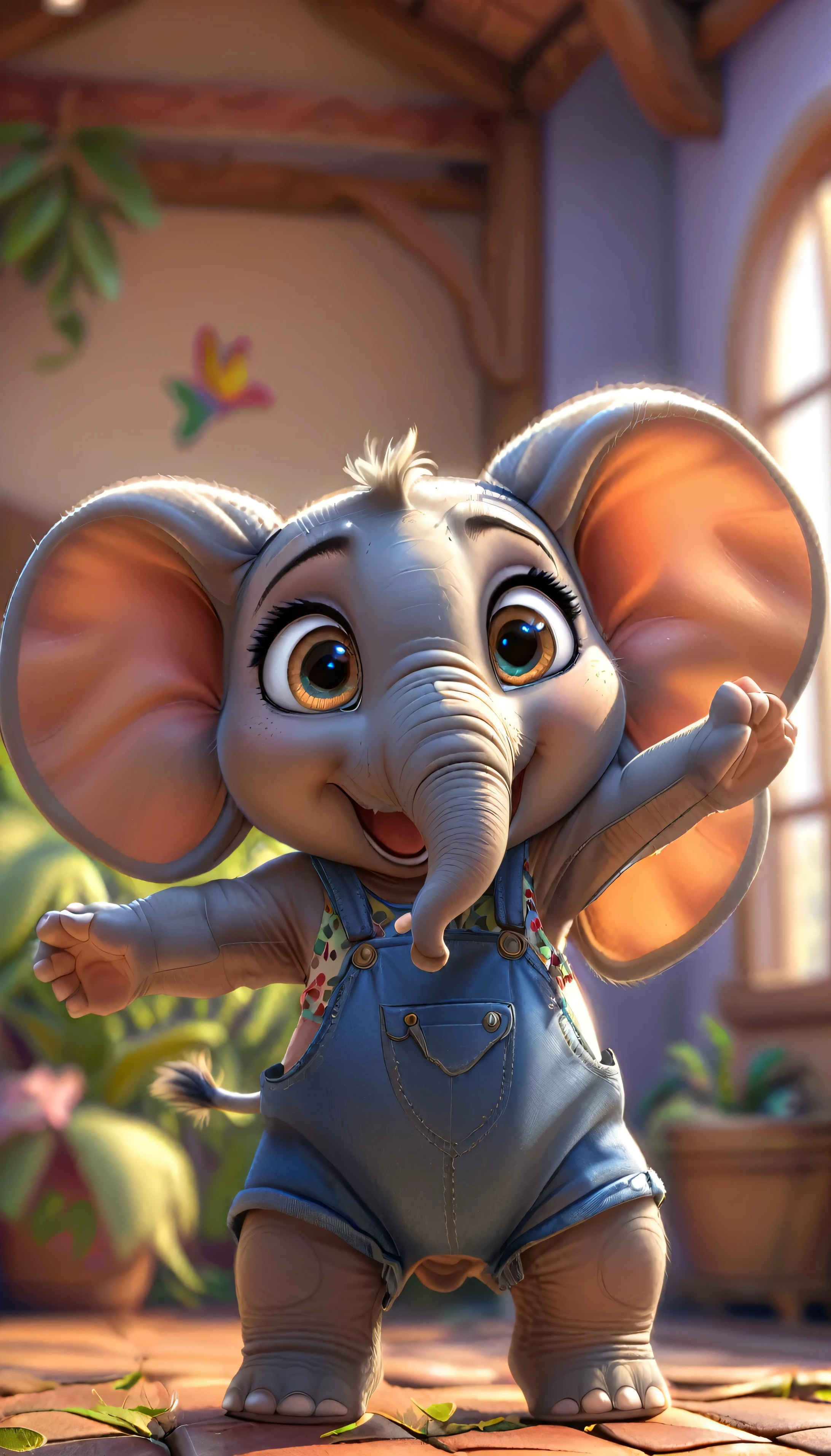 cute baby elephant, cartoon , arms, hands ,cute eyes, looking at viewer, arms up, clothes, flawless, detailed, 4k